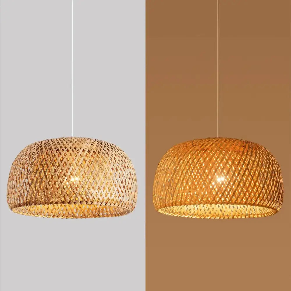 Decorbites hand-woven bamboo lantern pendant light with intricate lattice design and warm golden glow