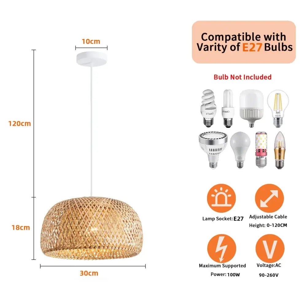 DecorBites™ hand-woven bamboo lantern pendant light with natural textured dome and white cord suspension