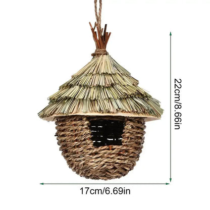 DecorBites™ handwoven natural straw hummingbird house with thatched roof and hanging rope nest house for garden decor