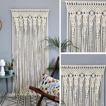 Cream-colored hand-woven macrame door curtain with intricate geometric patterns and fringe for bohemian decor