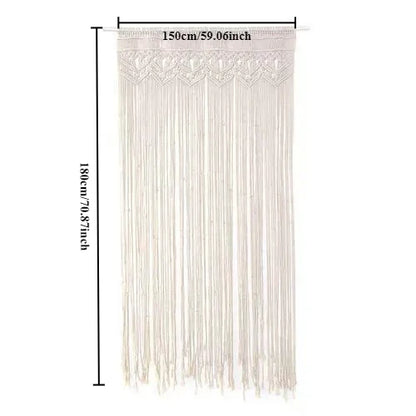 Cream-colored DecorBites™ hand-woven macrame door curtain with intricate patterns and long flowing fringe for home decor
