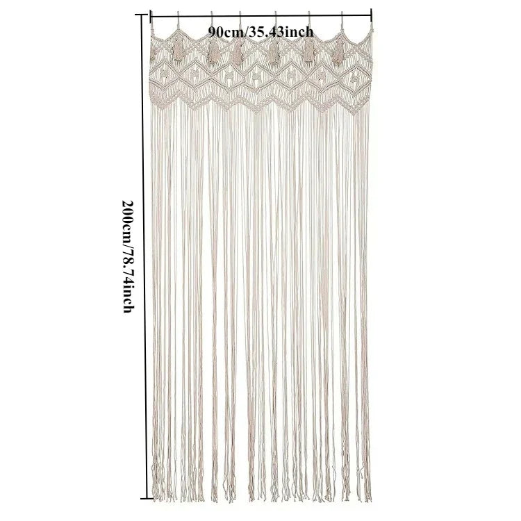 Beige decorbites hand-woven macrame door curtain with intricate patterns and tassels for home or wedding decor