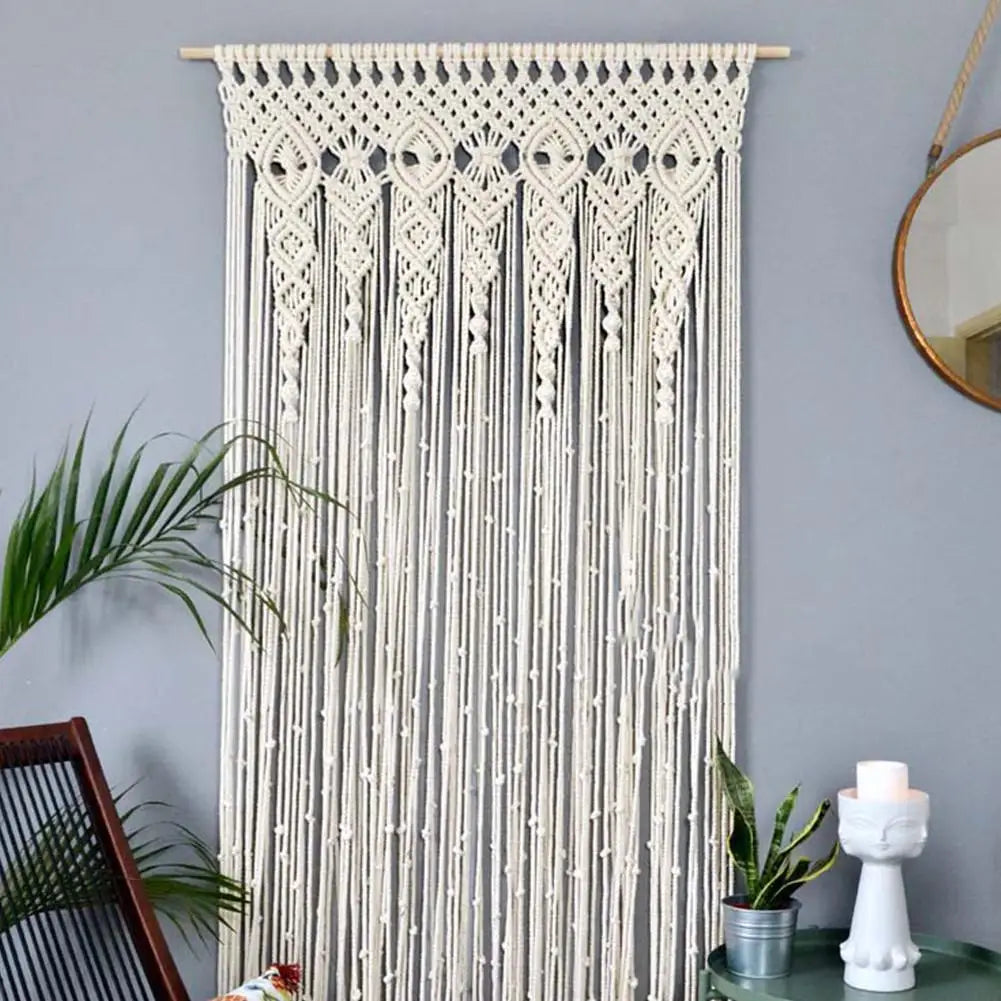 Cream-colored hand-woven decorbites™ macrame door curtain with intricate geometric patterns for home and wedding decor