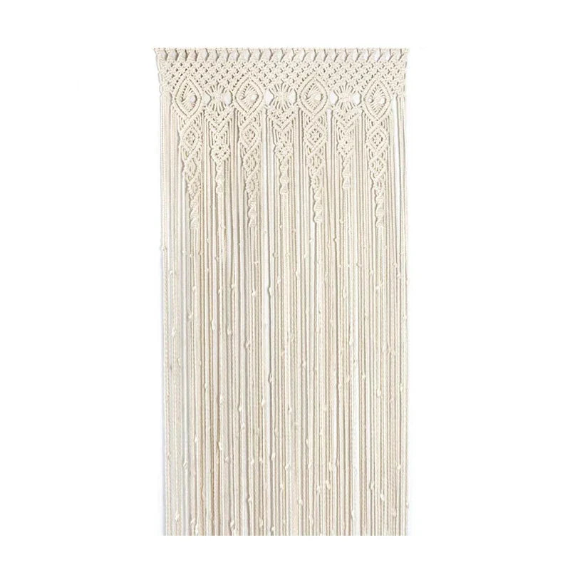 Cream-colored hand-woven macrame door curtain with intricate geometric patterns and hanging tassels for home decor