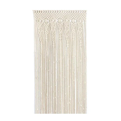 Cream-colored hand-woven macrame door curtain with intricate geometric patterns and hanging tassels for home decor