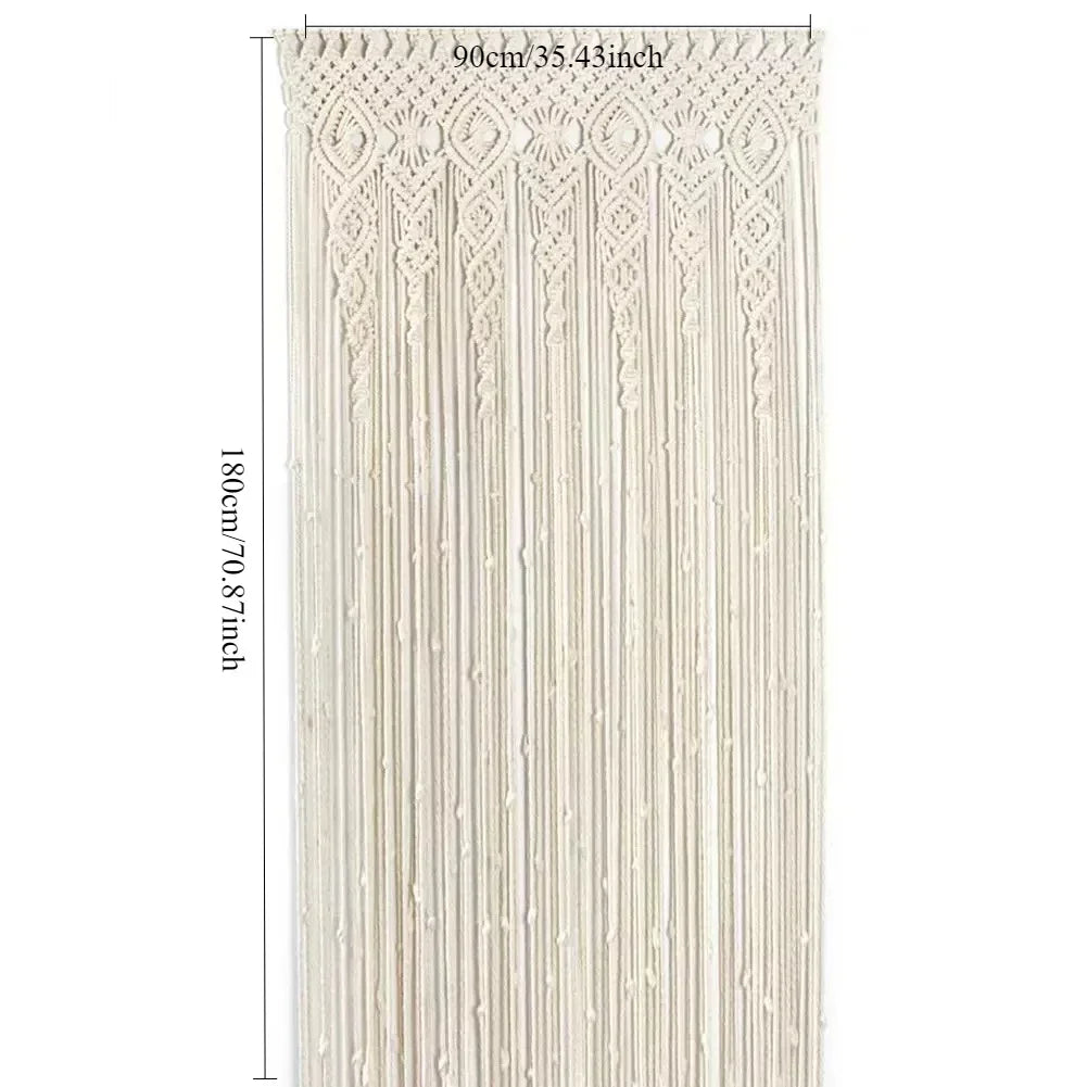Cream-colored cream-colored hand-woven DecorBites™ macrame door curtain with intricate geometric patterns and tassels