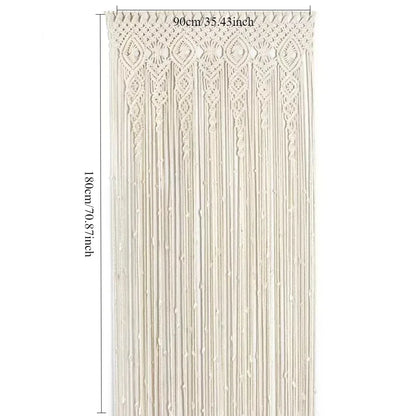 Cream-colored cream-colored hand-woven DecorBites™ macrame door curtain with intricate geometric patterns and tassels