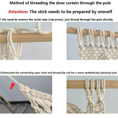 Cream-colored hand-woven macrame door curtain with intricate knots and braided rope design for home decor
