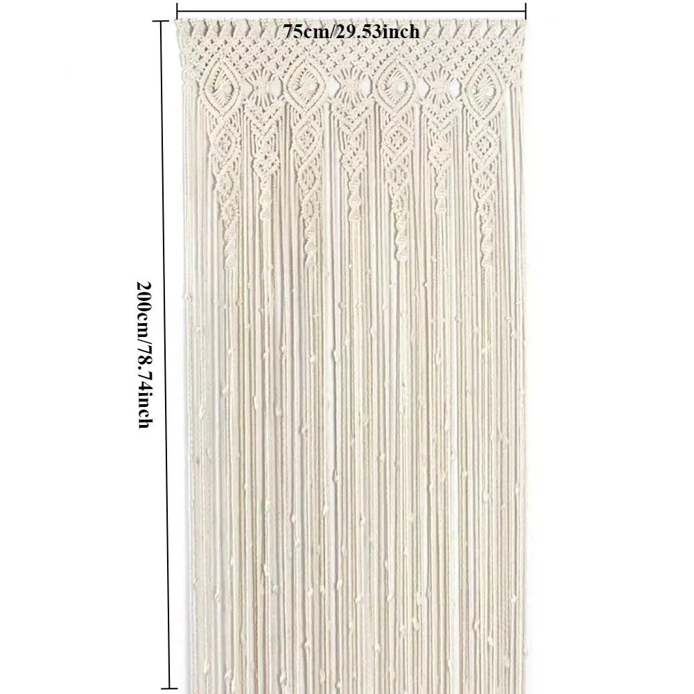 Cream-colored hand-woven decorbites™ macrame door curtain with intricate geometric patterns and hanging tassels for home decor