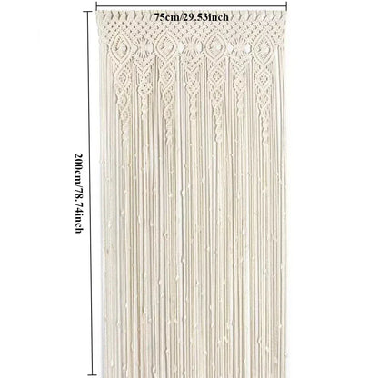Cream-colored hand-woven decorbites™ macrame door curtain with intricate geometric patterns and hanging tassels for home decor