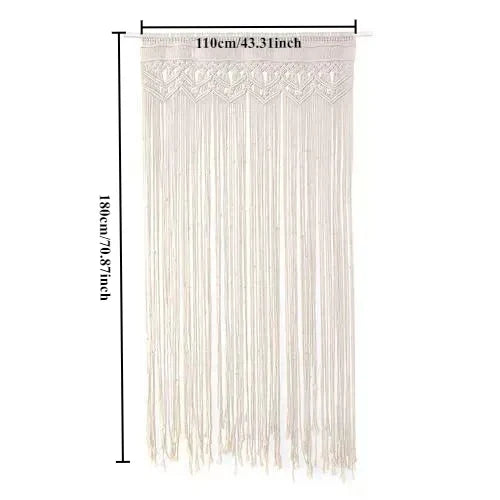 Cream-colored decorbites™ macrame door curtain with intricate woven top and long flowing fringe for home decor