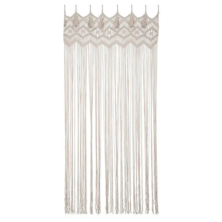 Beige hand-woven DecorBites™ macrame door curtain with intricate geometric patterns and long flowing fringe for home decor