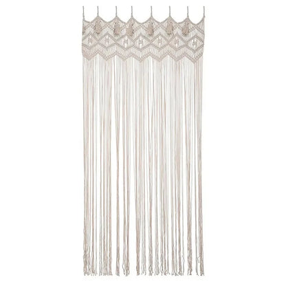 Beige hand-woven DecorBites™ macrame door curtain with intricate geometric patterns and long flowing fringe for home decor