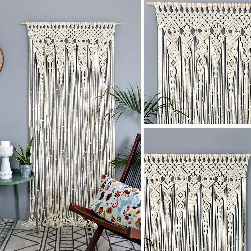 Cream-colored DecorBites™ hand-woven macrame door curtain with intricate geometric patterns and dangling fringe