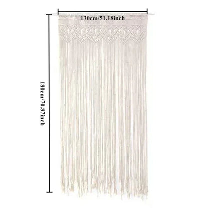Beige decorbites™ hand-woven macrame door curtain with intricate lace detailing and long flowing fringe for home decor