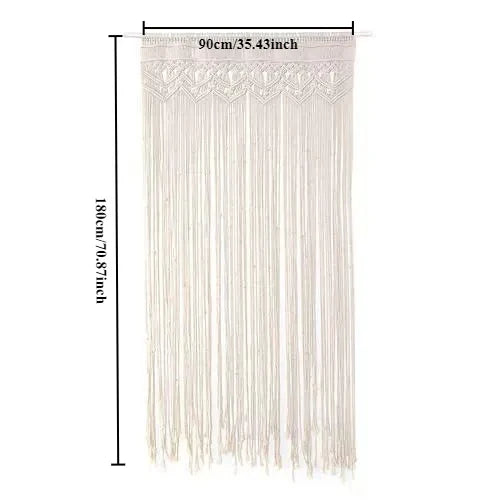 Cream-colored hand-woven DecorBites™ macrame door curtain with delicate lace trim and long flowing tassels for home decor