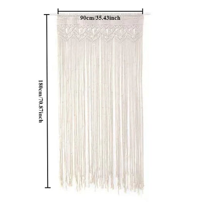 Cream-colored hand-woven DecorBites™ macrame door curtain with delicate lace trim and long flowing tassels for home decor
