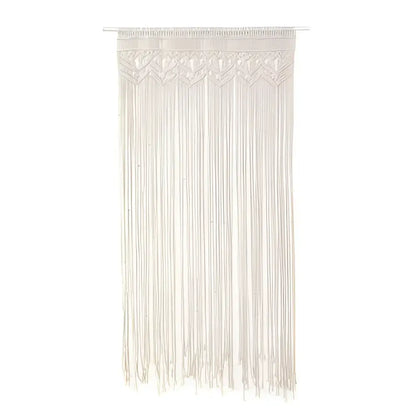 Cream-colored DecorBites™ macrame door curtain with intricate woven patterns and long dangling cords for home decor
