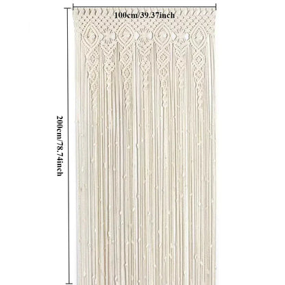 Cream-colored DecorBites™ hand-woven macrame door curtain with intricate patterns and hanging tassels for home decor
