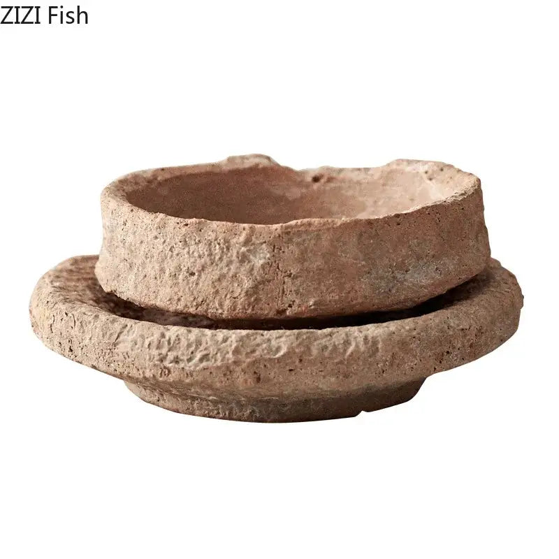 Rustic terracotta handcrafted ceramic vase with textured earthy brown finish and matching saucer for flowers