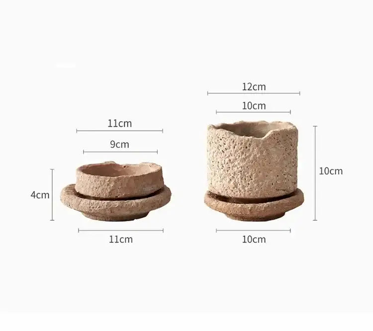 Two rustic textured terracotta handcrafted ceramic vases with matching saucers for flowers by DecorBites