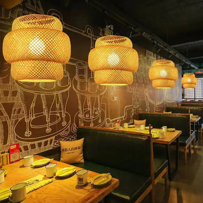 Decorbites™ handcrafted chinese bamboo pendant lamp features warm tiered woven bamboo pendant lights above dining tables