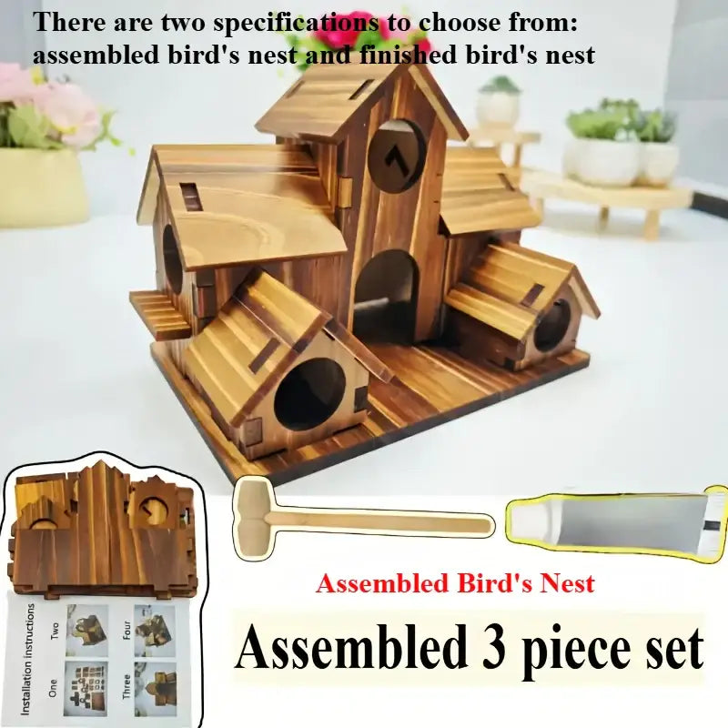 Assembled wooden decorbites™ handmade 6-hole hanging bird house with natural wood grain and warm brown finish