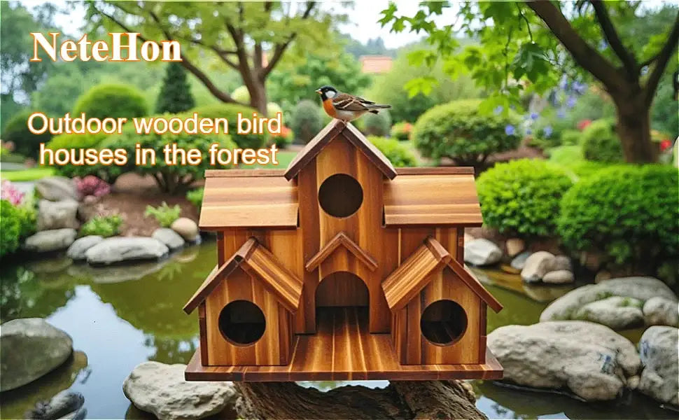 A charming handmade 6-hole hanging bird house with a natural wooden finish and arched circular entry holes