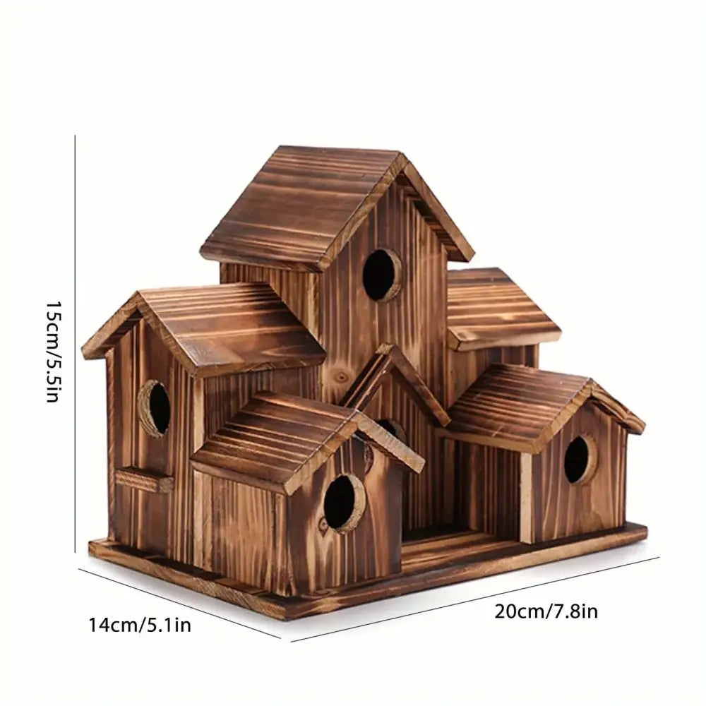 Rustic handmade 6-hole hanging bird house by decorbites with interconnected wooden houses and circular entry holes