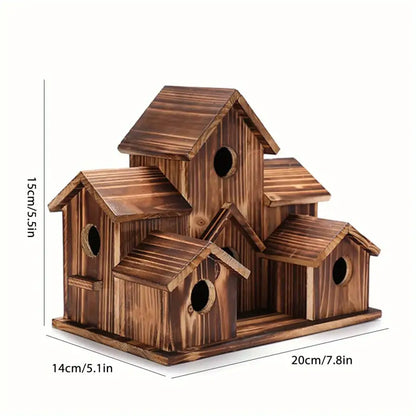 Rustic handmade 6-hole hanging bird house by decorbites with interconnected wooden houses and circular entry holes