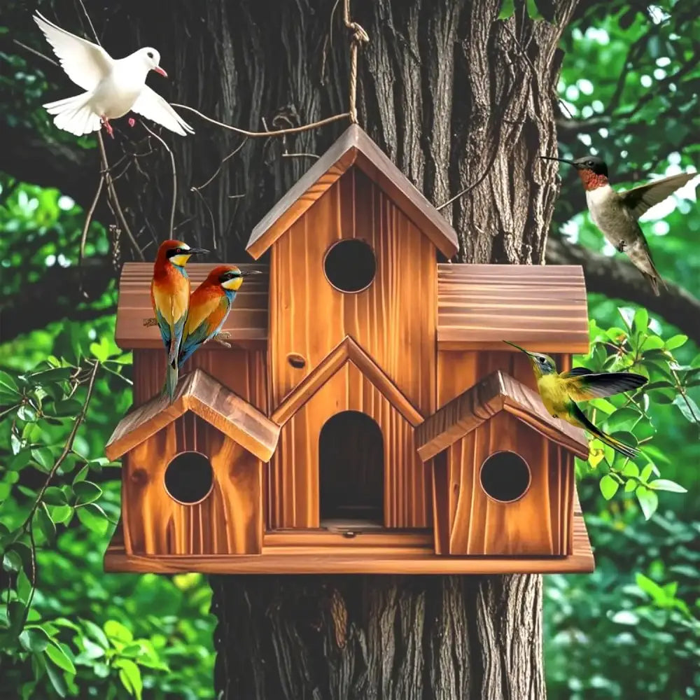 DecorBites handmade 6-hole hanging bird house in rustic wood with natural finish and multiple entry holes