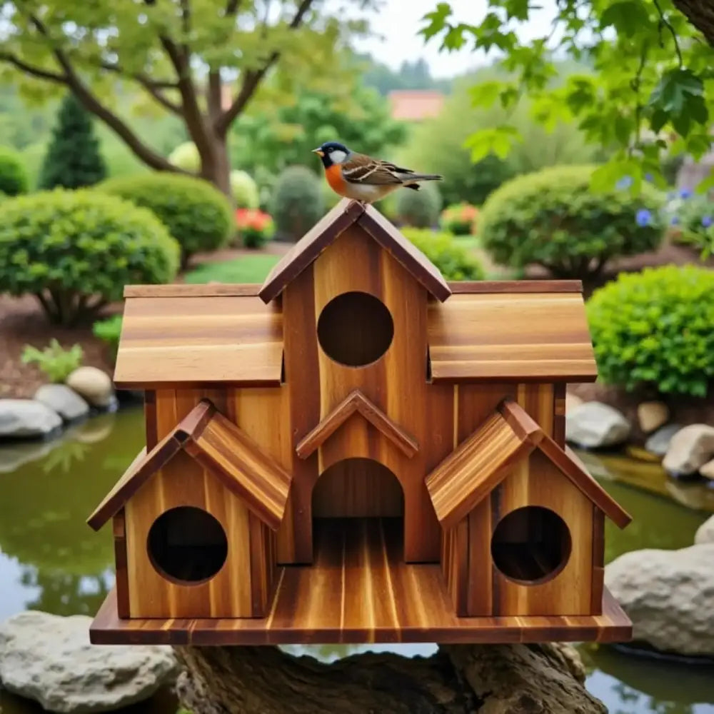 Decorbites handmade 6-hole hanging bird house in rustic wood with natural grain and warm brown tones