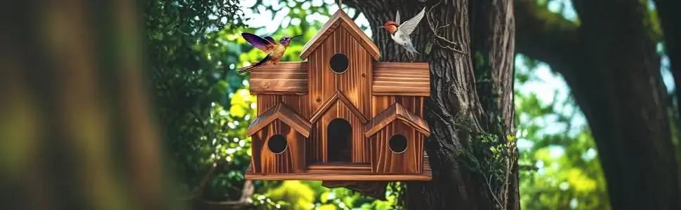 DecorBites handmade 6-hole hanging bird house featuring a rustic wooden multi-gabled design with multiple entry holes