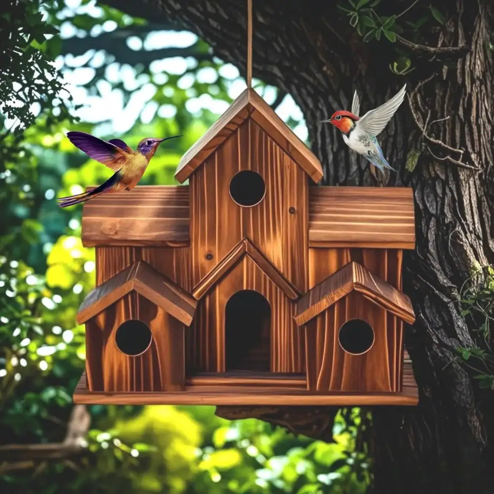 Decorbites handmade 6-hole hanging bird house in warm brown wood with multiple entry holes resembling a miniature house