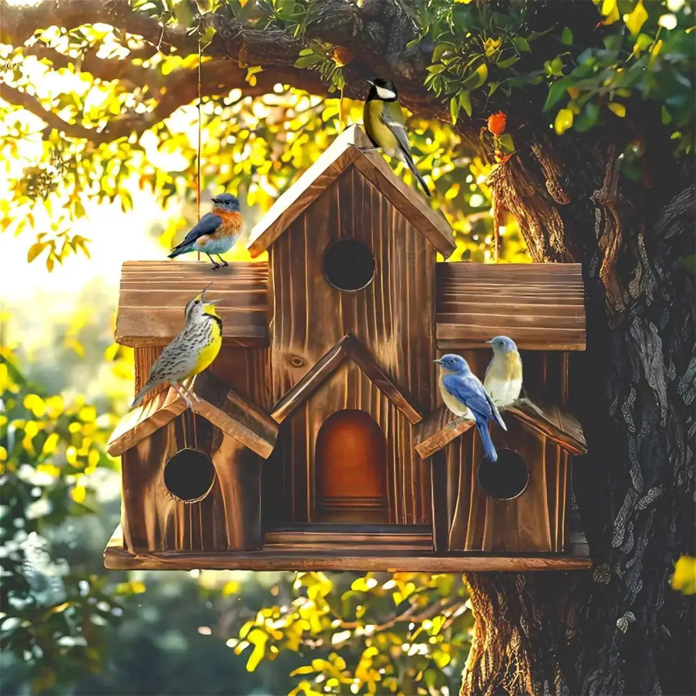 Decorbites handmade 6-hole hanging bird house features a rustic wooden design with multiple compartments and natural brown finish