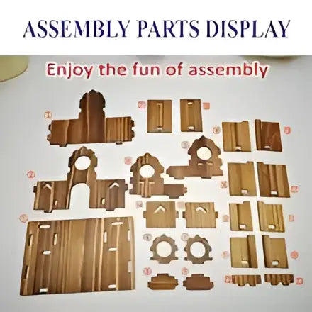 Wooden assembly parts display of decorbites™ handmade 6-hole hanging bird house with various cutout shapes