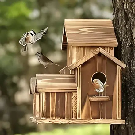 Wooden handmade 6-hole hanging bird house with small entrance holes and birds perched on the front side
