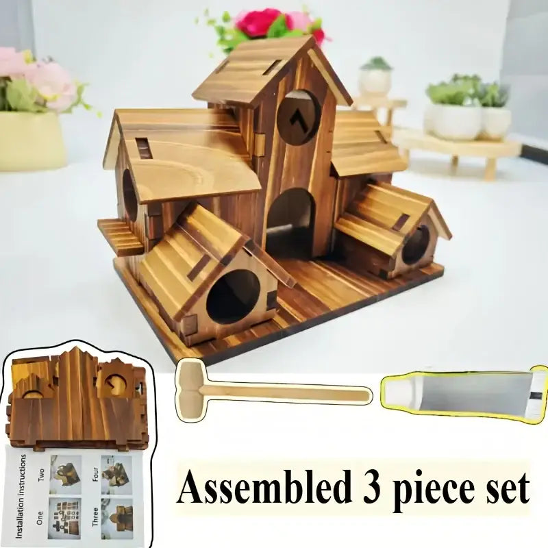 DecorBites™ handmade 6-hole hanging bird house puzzle set with multiple compartments and rustic wooden finish