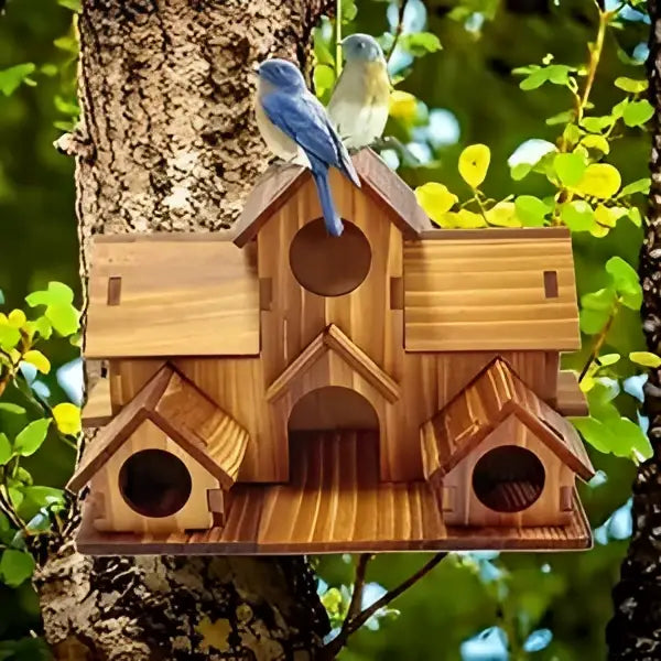 DecorBites handmade 6-hole hanging bird house in natural wood with multiple entry holes and a roof