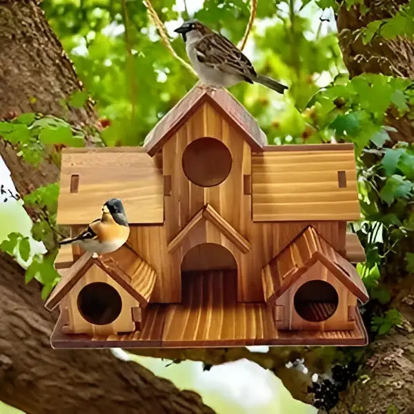 Wooden handmade 6-hole hanging bird house by decorbites with multiple entry holes and small roof resembling a miniature house