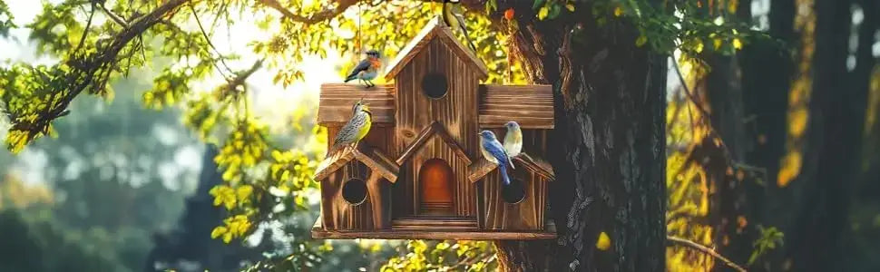 DecorBites handmade 6-hole hanging bird house with multiple compartments in warm natural wood finish