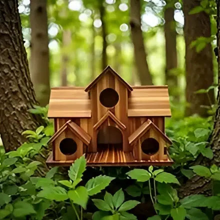 DecorBites™ handmade 6-hole hanging bird house crafted from natural-toned wood with circular and arched entry holes