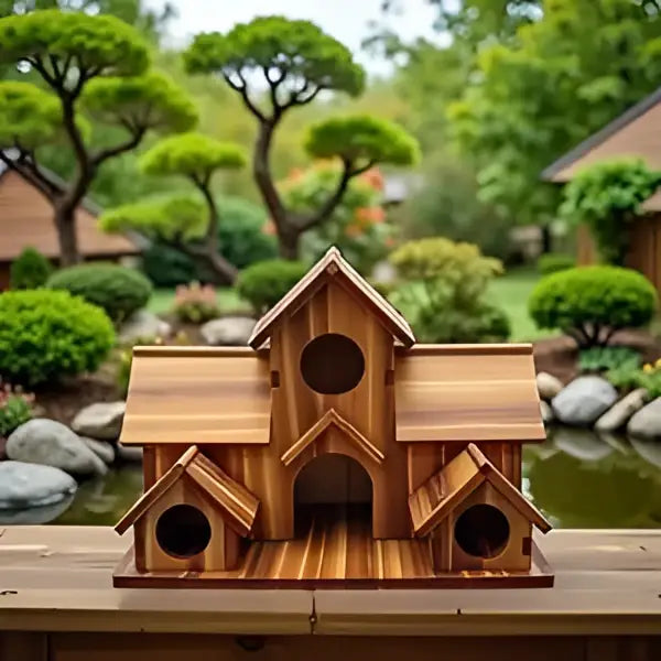 A charming handmade 6-hole hanging bird house by decorbites with multi-gabled design and natural warm brown wood tones