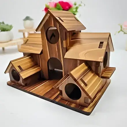 Wooden handmade 6-hole hanging bird house by decorbites with natural brown finish and intricate architectural details