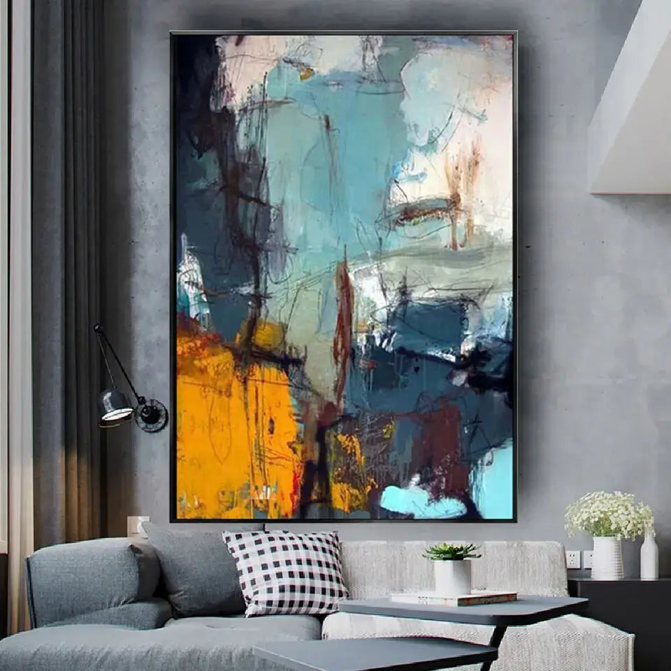 Decorbites™ handmade abstract oil painting wall art with bold teal orange black and white strokes on canvas
