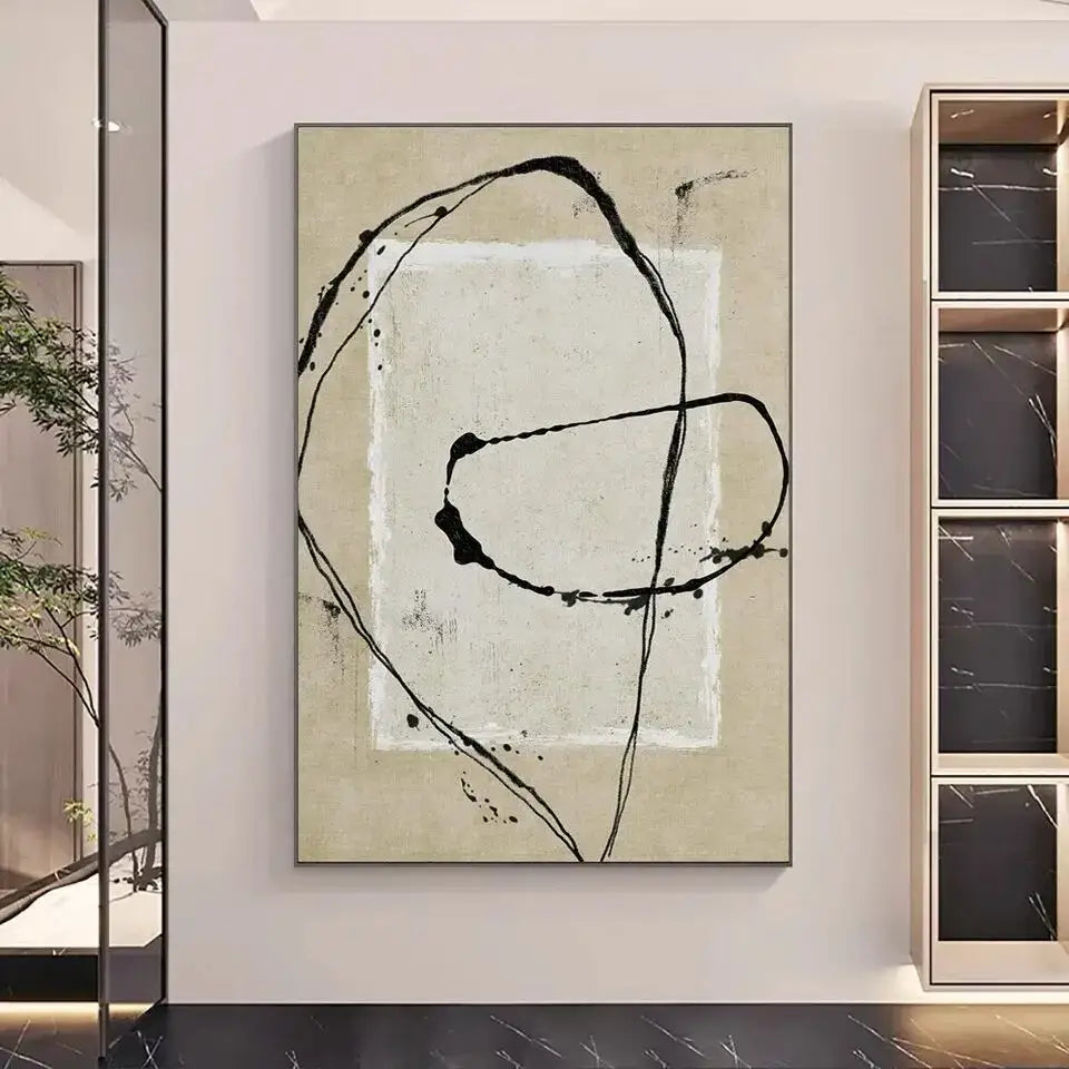 DecorBites™ handmade abstract oil painting wall art with bold black brushstrokes on textured beige canvas in silver frame