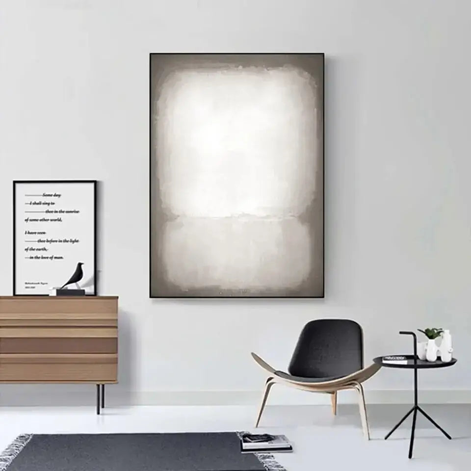 Decorbites™ handmade abstract oil painting wall art with soft white and gray tones framed in sleek black border