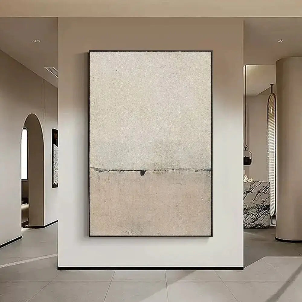 DecorBites handmade abstract oil painting wall art with a textured beige and gray gradient on canvas framed in black