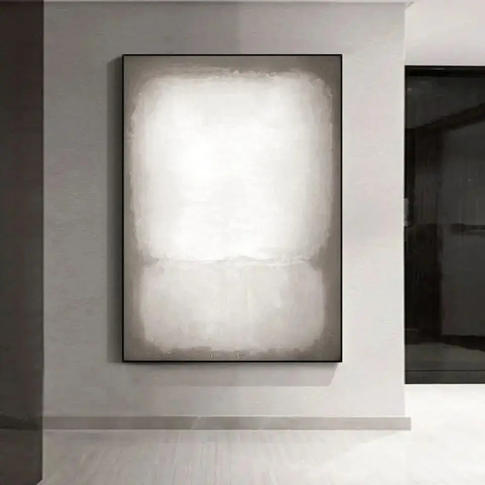 Decorbites™ handmade abstract oil painting wall art with soft white and gray gradients in a sleek black frame