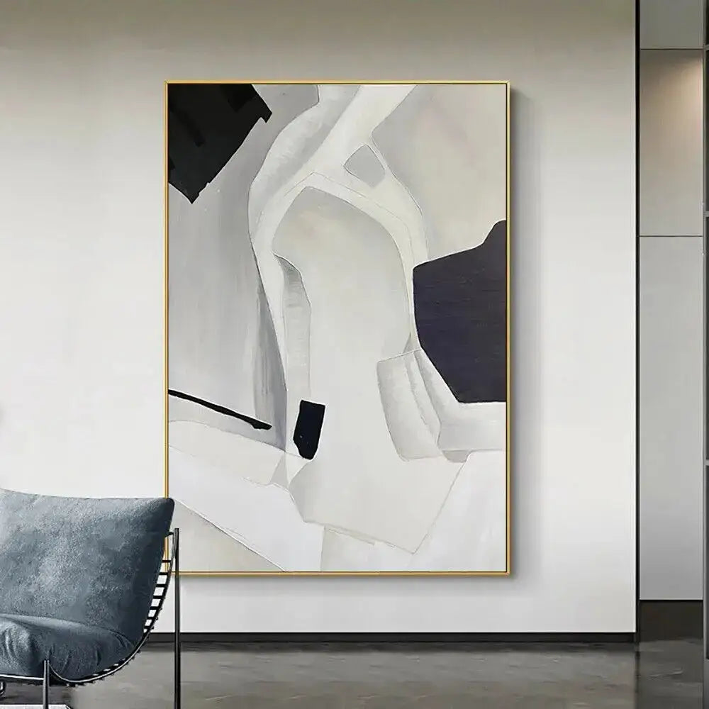 Decorbites™ handmade abstract oil painting wall art with flowing white and black forms in a sleek gold frame